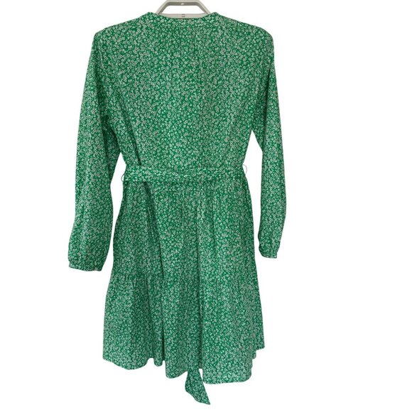 J.Crew Factory XS Green Floral Long-Sleeve A-Line Button-Up Dress With Belt Cott - Picture 4 of 9